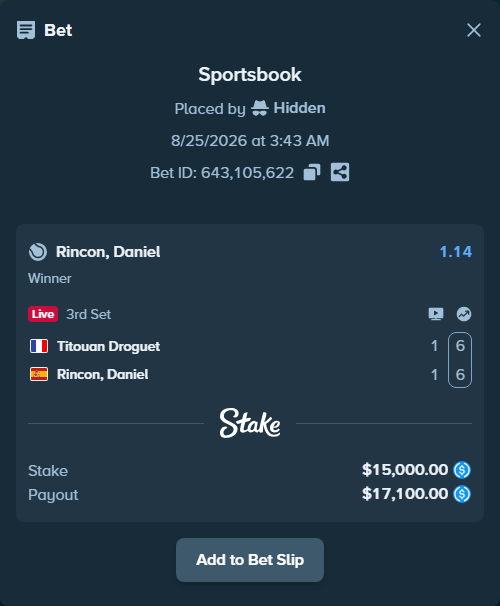 Bet slip: Titouan Droguet - Rincon, Daniel, $15,000.00 stake at 1.14 odds, placed by Hidden