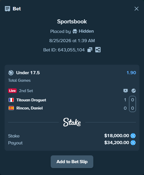 Bet slip: Titouan Droguet - Rincon, Daniel, $18,000.00 stake at 1.90 odds, placed by privetmedvet15