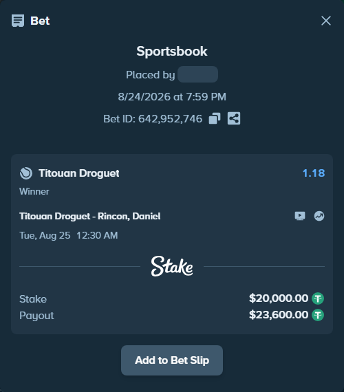 Bet slip: Titouan Droguet - Rincon, Daniel, $20,000.00 stake at 1.18 odds, placed by PimpoTheGreat