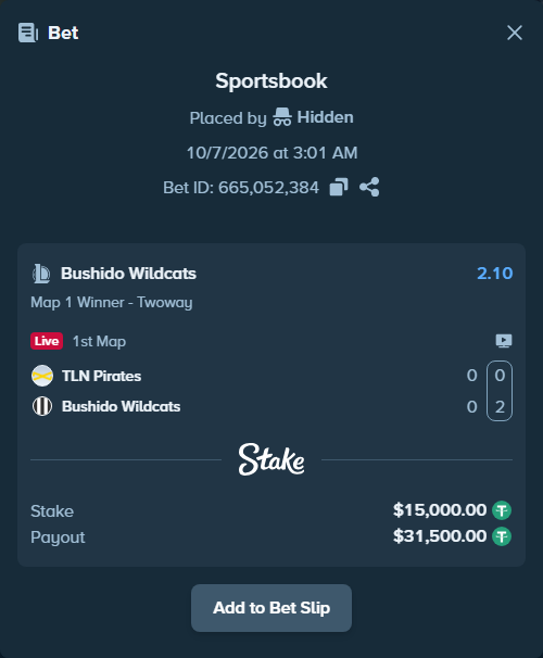 Bet slip: TLN Pirates - Bushido Wildcats, $15,000.00 stake at 2.10 odds, placed by 도다리