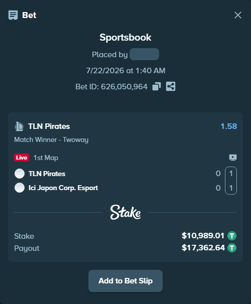 Bet slip: TLN Pirates - Ici Japon Corp. Esport, $11,000.00 stake at 1.58 odds, placed by mi6a1