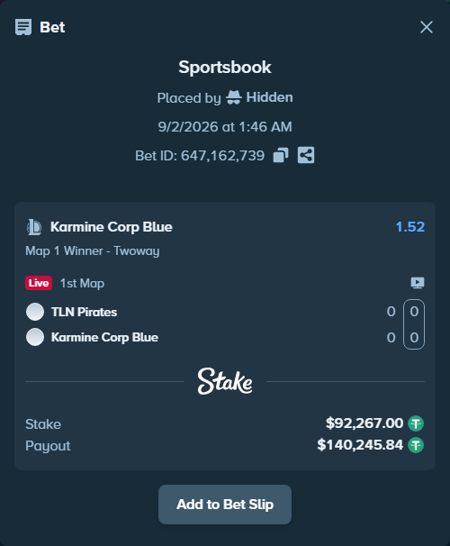 Bet slip: TLN Pirates - Karmine Corp Blue, $92,267.00 stake at 1.52 odds, placed by Hidden