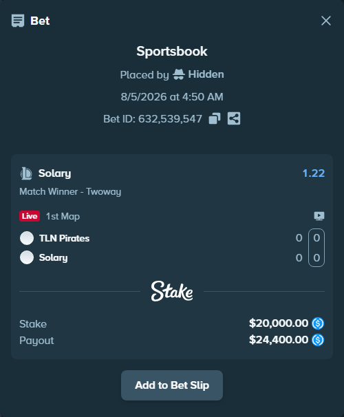 Bet slip: TLN Pirates - Solary, $20,000.00 stake at 1.22 odds, placed by kievpanda