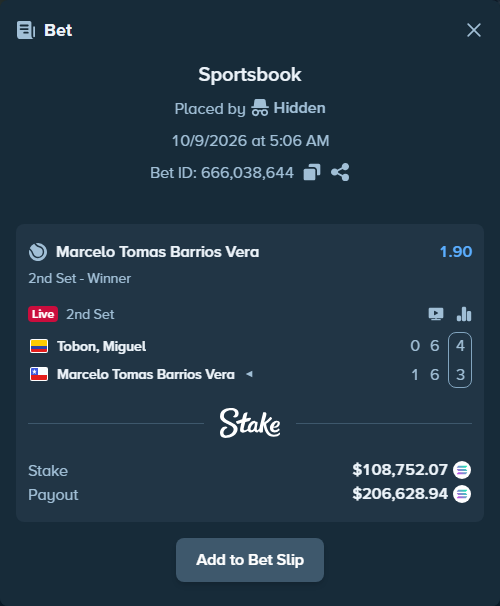 Bet slip: Tobon, Miguel - Marcelo Tomas Barrios Vera, $110,252.47 stake at 1.90 odds, placed by Prettylfacko98