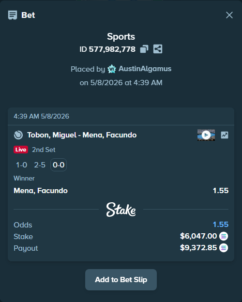 Bet slip: Tobon, Miguel - Mena, Facundo, $5,019.26 stake at 1.55 odds, placed by AustinAlgamus