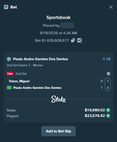 Bet slip: Tobon, Miguel - Paulo Andre Saraiva Dos Santos, $20,000.00 stake at 1.18 odds, placed by diomancy