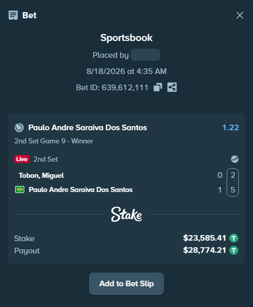 Bet slip: Tobon, Miguel - Paulo Andre Saraiva Dos Santos, $23,609.00 stake at 1.22 odds, placed by diomancy