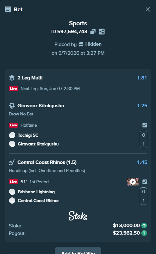 Bet slip: Tochigi SC - Giravanz Kitakyushu, $13,000.00 stake at 1.25 odds, placed by Hidden