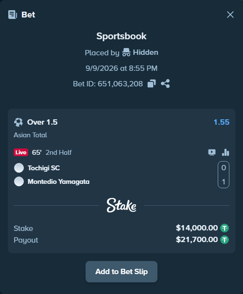 Bet slip: Tochigi SC - Montedio Yamagata, $14,000.00 stake at 1.55 odds, placed by Hidden