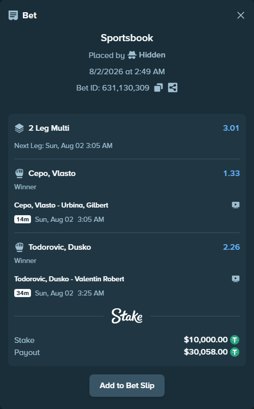 Bet slip: Todorovic, Dusko - Valentin Robert, $10,010.00 stake at 2.26 odds, placed by Hidden