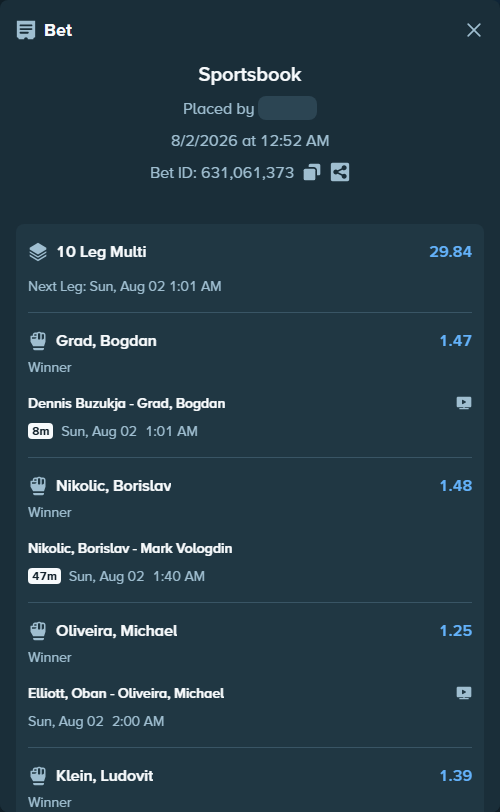 Bet slip: Todorovic, Dusko - Valentin Robert, $11,011.00 stake at 1.60 odds, placed by Saifshalabi