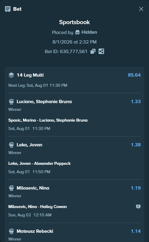Bet slip: Todorovic, Dusko - Valentin Robert, $11,543.53 stake at 1.58 odds, placed by Hidden