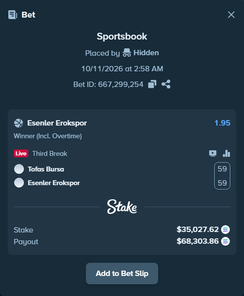 Bet slip: Tofas SK Bursa - Esenler Erokspor, $34,933.00 stake at 1.95 odds, placed by Prettylfacko98