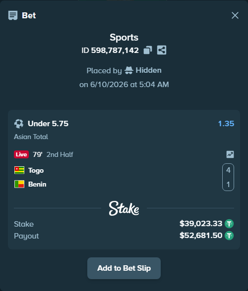 Bet slip: Togo - Benin, $39,062.35 stake at 1.35 odds, placed by Hidden
