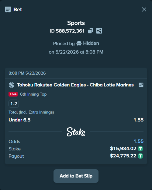 Bet slip: Tohoku Rakuten Golden Eagles - Chiba Lotte Marines, $16,000.00 stake at 1.55 odds, placed by Hidden