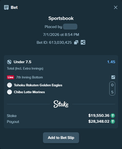 Bet slip: Tohoku Rakuten Golden Eagles - Chiba Lotte Marines, $19,569.91 stake at 1.45 odds, placed by 토사장체크카드