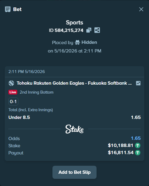 Bet slip: Tohoku Rakuten Golden Eagles - Fukuoka Hawks, $10,199.00 stake at 1.65 odds, placed by Hidden