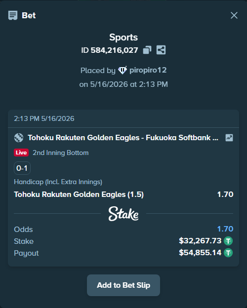 Bet slip: Tohoku Rakuten Golden Eagles - Fukuoka Hawks, $32,300.00 stake at 1.70 odds, placed by piropiro12
