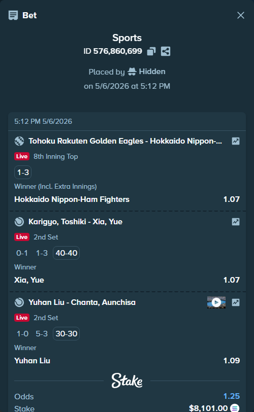 Bet slip: Tohoku Rakuten Golden Eagles - Hokkaido Nippon-Ham Fighters, $6,789.67 stake at 1.07 odds, placed by Hidden