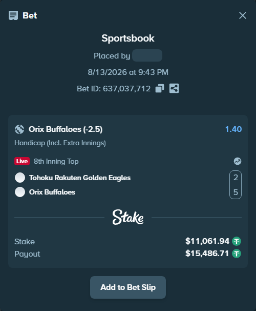 Bet slip: Tohoku Rakuten Golden Eagles - Orix Buffaloes, $11,073.00 stake at 1.40 odds, placed by Rovangood