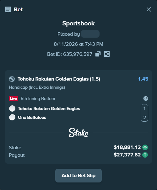 Bet slip: Tohoku Rakuten Golden Eagles - Orix Buffaloes, $18,900.00 stake at 1.45 odds, placed by Rovangood