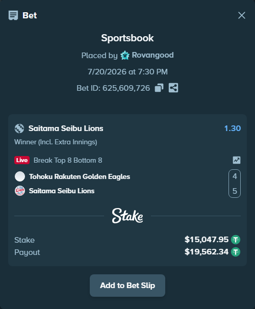 Bet slip: Tohoku Rakuten Golden Eagles - Saitama Seibu Lions, $15,063.00 stake at 1.30 odds, placed by Rovangood