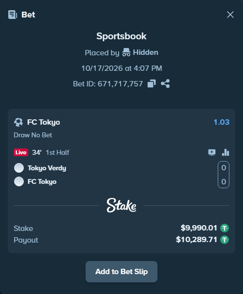 Bet slip: Tokyo Verdy - FC Tokyo, $10,000.00 stake at 1.03 odds, placed by 365028219