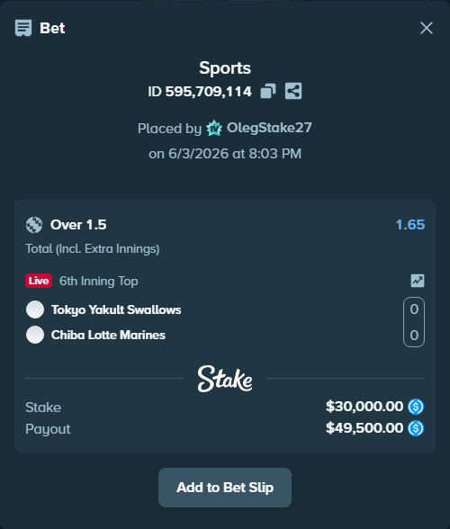 Bet slip: Tokyo Yakult Swallows - Chiba Lotte Marines, $30,000.00 stake at 1.65 odds, placed by OlegStake27