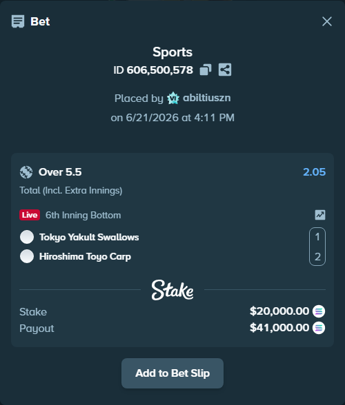 Bet slip: Tokyo Yakult Swallows - Hiroshima Toyo Carp, $19,882.51 stake at 2.05 odds, placed by abiltiuszn