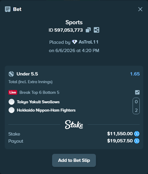 Bet slip: Tokyo Yakult Swallows - Hokkaido Nippon-Ham Fighters, $11,550.00 stake at 1.65 odds, placed by AsTraL11