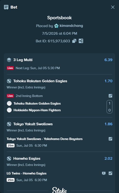 Bet slip: Tokyo Yakult Swallows - Yokohama Dena Baystars, $18,006.25 stake at 1.86 odds, placed by kimandchang