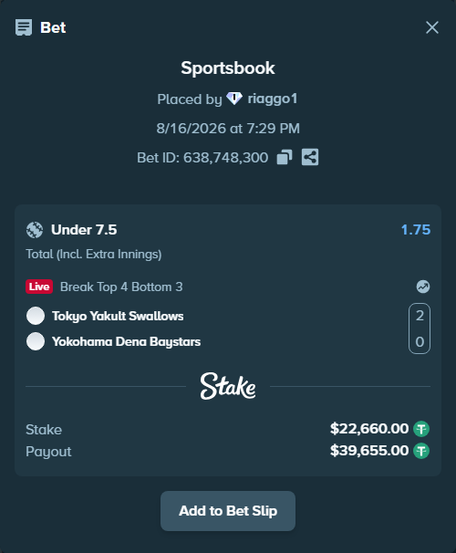 Bet slip: Tokyo Yakult Swallows - Yokohama Dena Baystars, $22,682.66 stake at 1.75 odds, placed by riaggo1