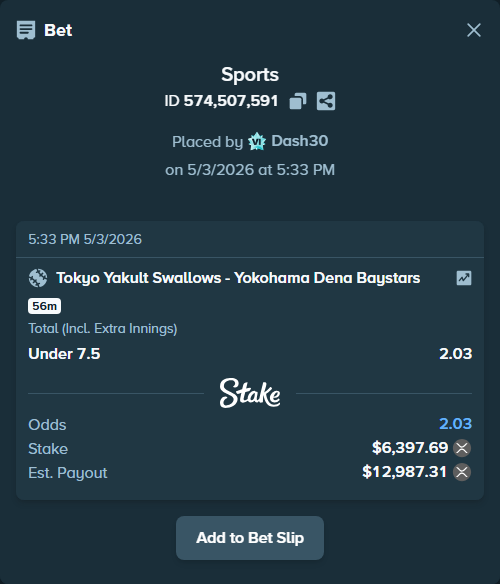Bet slip: Tokyo Yakult Swallows - Yokohama Dena Baystars, $5,304.64 stake at 2.03 odds, placed by Dash30