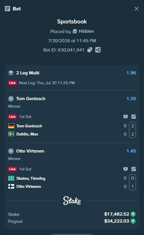 Bet slip: Tom Gentzsch - Dahlin, Max, $17,500.00 stake at 1.35 odds, placed by Hidden