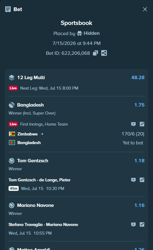 Bet slip: Tom Gentzsch - de Lange, Pieter, $10,000.00 stake at 1.18 odds, placed by Hidden