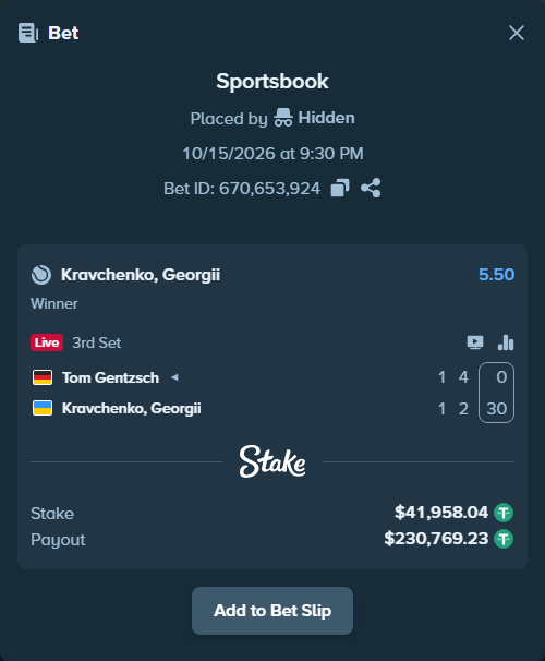 Bet slip: Tom Gentzsch - Kravchenko, Georgii, $42,000.00 stake at 5.50 odds, placed by Hidden