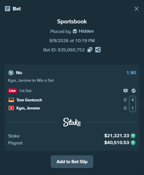Bet slip: Tom Gentzsch - Kym, Jerome, $21,342.65 stake at 1.90 odds, placed by Hidden