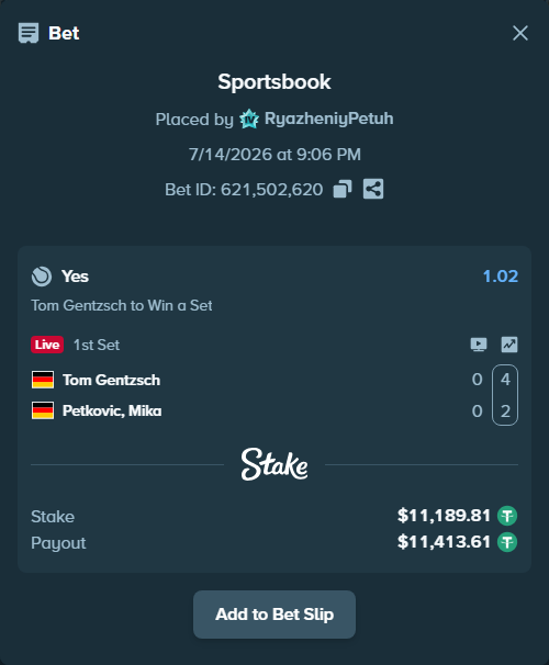 Bet slip: Tom Gentzsch - Petkovic, Mika, $11,201.00 stake at 1.02 odds, placed by RyazheniyPetuh