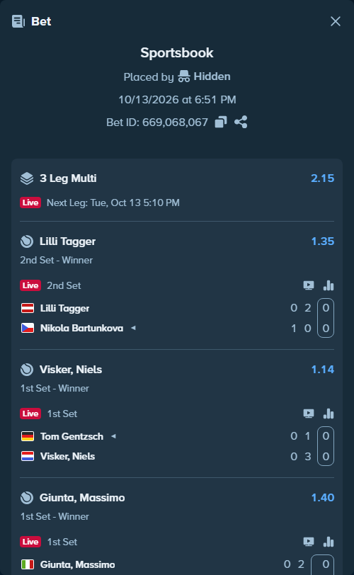Bet slip: Tom Gentzsch - Visker, Niels, $17,790.77 stake at 1.14 odds, placed by Hidden