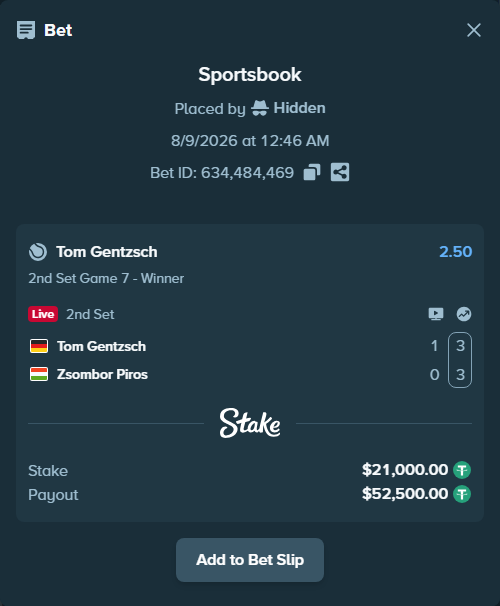 Bet slip: Tom Gentzsch - Zsombor Piros, $21,021.00 stake at 2.50 odds, placed by Hidden