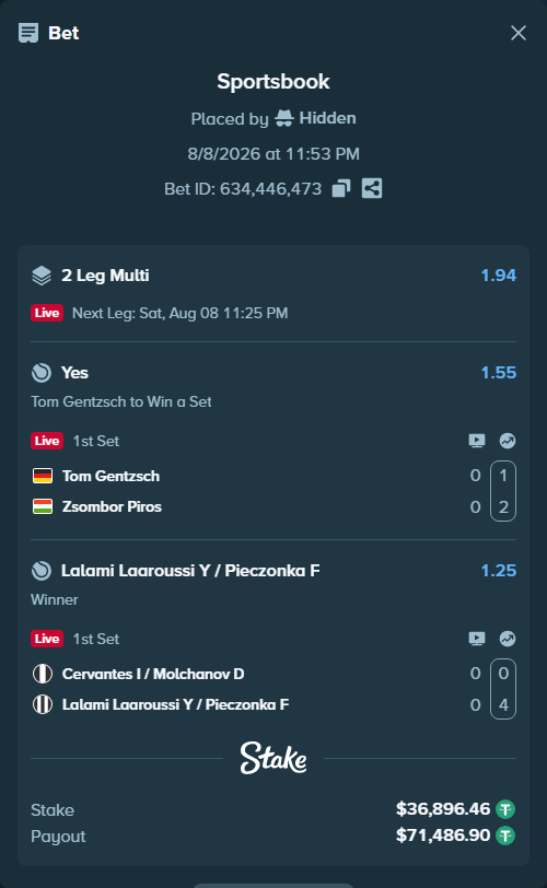 Bet slip: Tom Gentzsch - Zsombor Piros, $36,933.36 stake at 1.55 odds, placed by Hidden