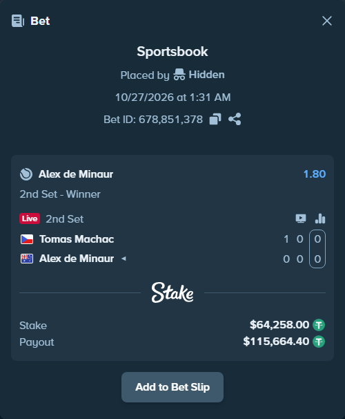 Bet slip: Tomas Machac - Alex de Minaur, $64,322.26 stake at 1.80 odds, placed by Hidden