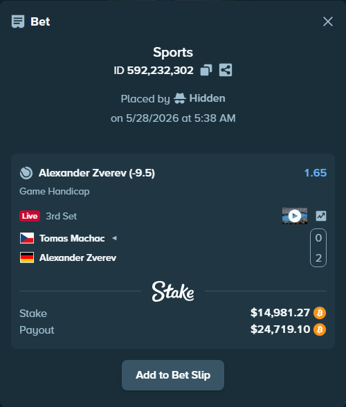 Bet slip: Tomas Machac - Alexander Zverev, $12,866.00 stake at 1.65 odds, placed by Hidden