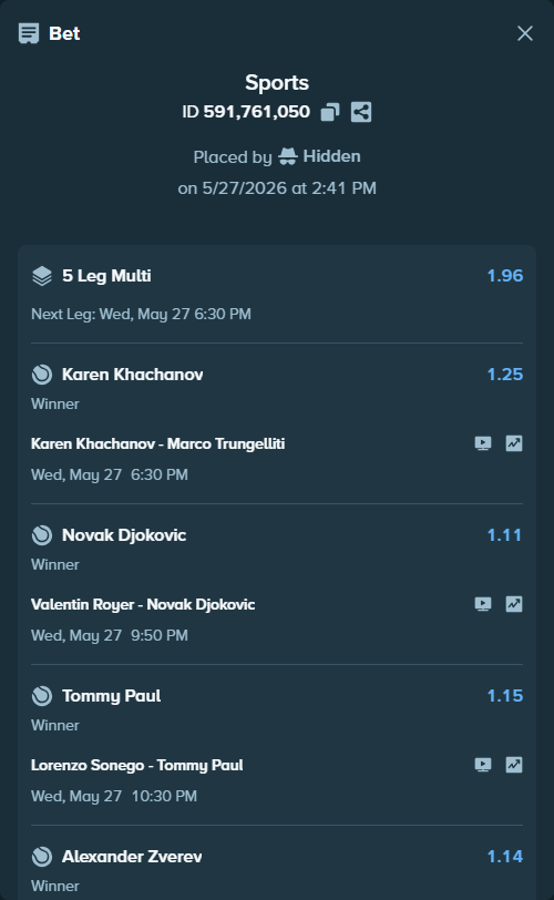 Bet slip: Tomas Machac - Alexander Zverev, $19,933.89 stake at 1.14 odds, placed by Hidden