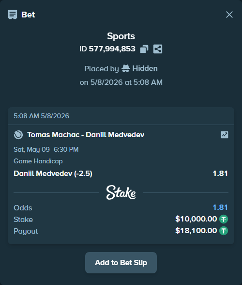 Bet slip: Tomas Machac - Daniil Medvedev, $10,000.00 stake at 1.81 odds, placed by Hidden