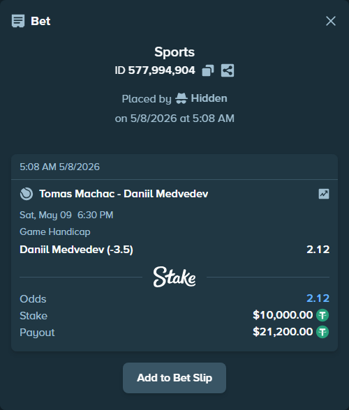 Bet slip: Tomas Machac - Daniil Medvedev, $10,000.00 stake at 2.12 odds, placed by Hidden