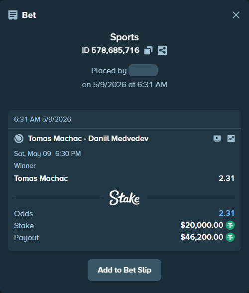 Bet slip: Tomas Machac - Daniil Medvedev, $20,000.00 stake at 2.31 odds, placed by crazypianist