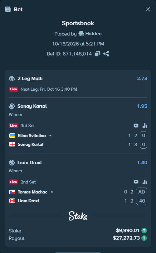 Bet slip: Tomas Machac - Liam Draxl, $10,000.00 stake at 1.40 odds, placed by Hidden