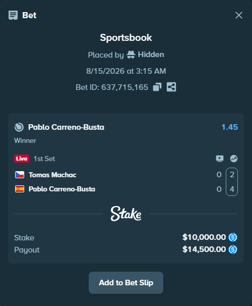 Bet slip: Tomas Machac - Pablo Carreno-Busta, $10,000.00 stake at 1.45 odds, placed by Hidden