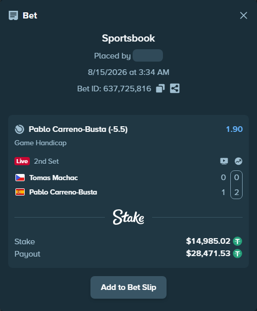 Bet slip: Tomas Machac - Pablo Carreno-Busta, $15,000.00 stake at 1.90 odds, placed by Zubkov1